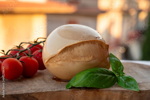 Ball of smoked Italian soft cheese Mozzarella di Bufala Campana served with fresh green basil and red sicilian tomatoes