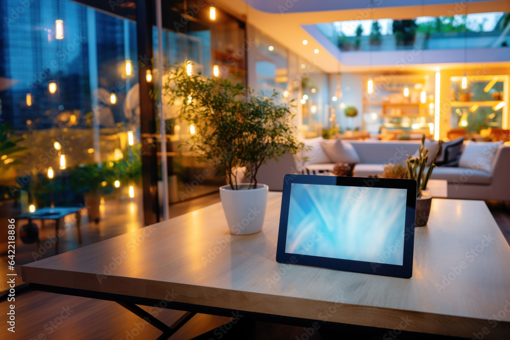 Empty tablet screen with copy space standing on table in modern apartment Empty tablet screen with copy space standing on table in modern apartment