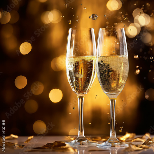 Glasses of champagne against golden background