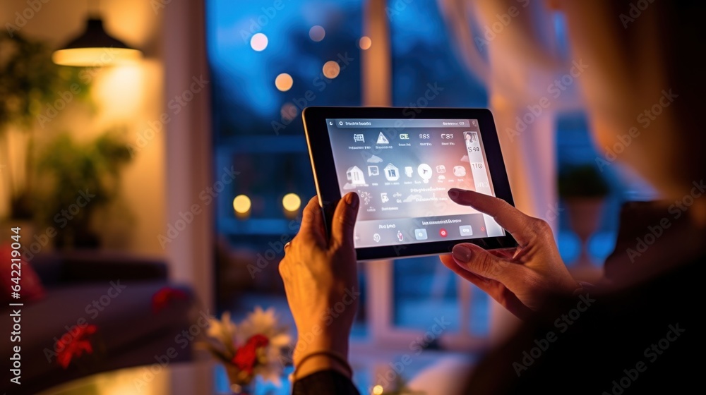 Woman holds tablet with smart home app to control devices in her modern house - obrazy, fototapety, plakaty 