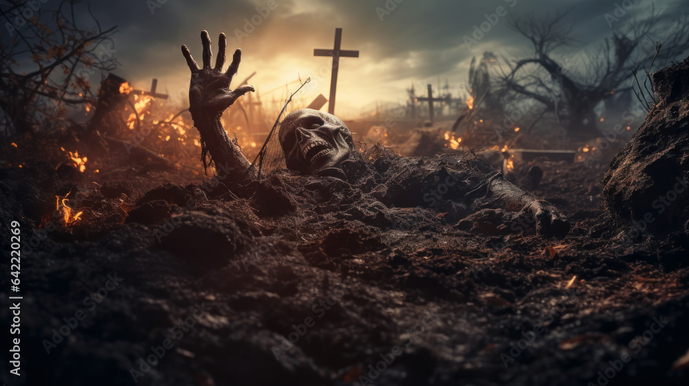 Undead coming out of grave, scary graveyard with skull at Halloween night Undead coming out of grave, scary graveyard with skull at Halloween night