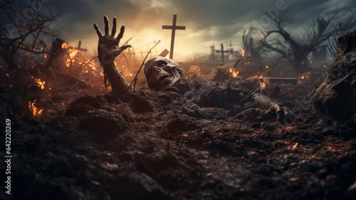 Undead coming out of grave, scary graveyard with skull at Halloween night