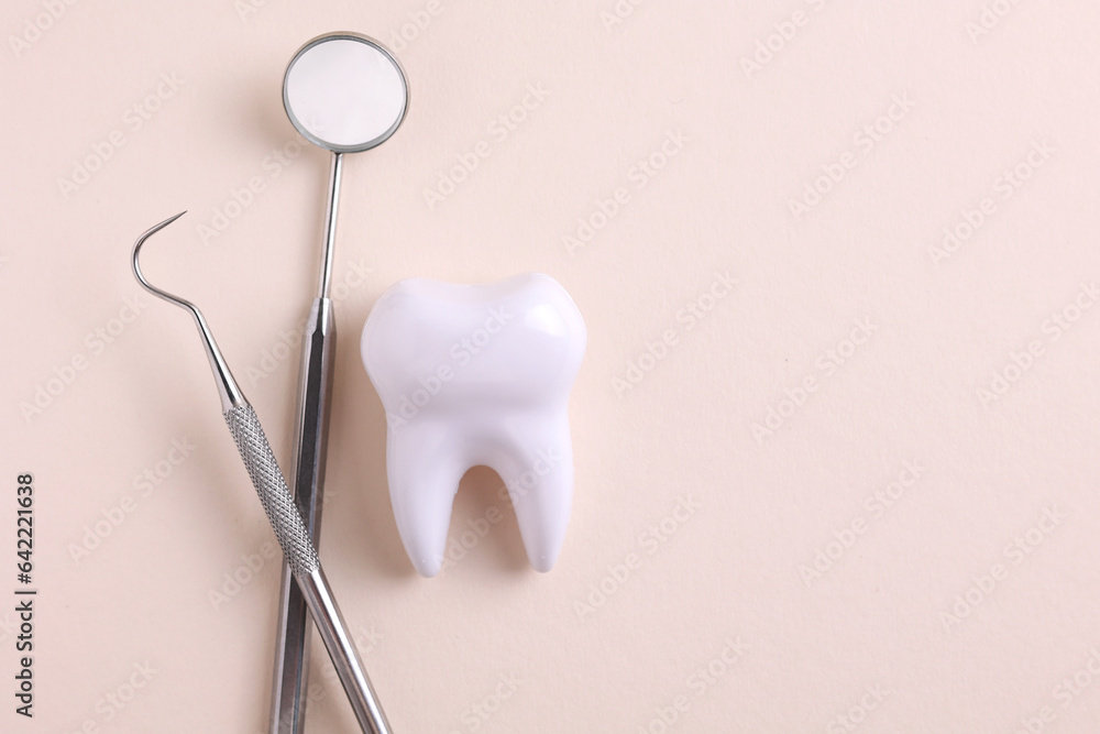 Dentistry concept. Model of a tooth and dental instruments on a colored background with space for text. Dentistry concept. Model of a tooth and dental instruments on a colored background with space for text.