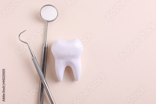 Dentistry concept. Model of a tooth and dental instruments on a colored background with space for text.  © Fotomoment001