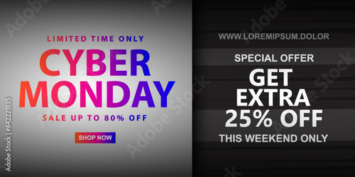  Cyber       Monday sale banner with bright red to blue gradient color typography on background  vector illustration template. 