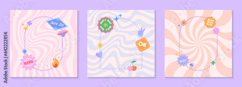 Vector social media templates with patches and stickers in 90s style.Modern emblems in y2k aesthetic with spiral and wavy backgrounds.Trendy funky designs.