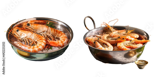 King prawns and regular shrimps in a steel sieve on a transparent background