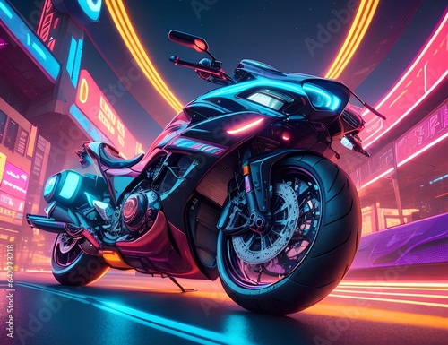 motorcycle on the street of a neon city
