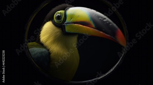 Toucan bird looking through a hole in a wall on a black background