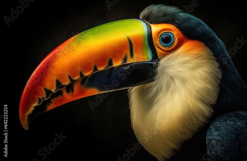 Toucan isolated on black background. Close-up view.