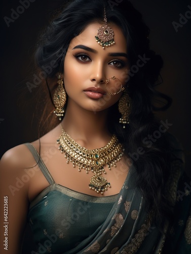 Indian model, Authenticity cultural clothing attire outfit, elegant national urban national ethnicity brunette portrait model with beautiful eyes in traditional dress jewelry .