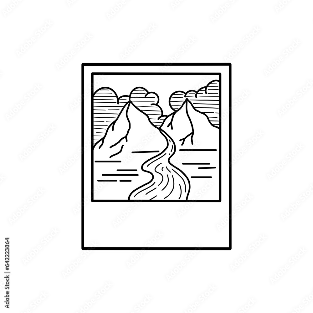 Landscape river and mountain cliff polaroid outline drawing in black and white Landscape river and mountain cliff polaroid outline drawing in black and white