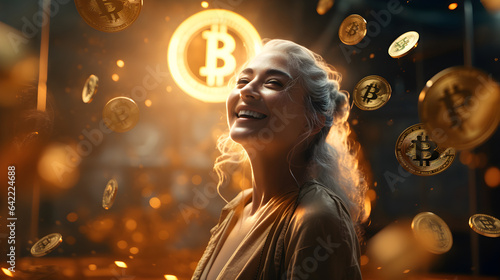 Imagine Stunning realistic full-body portrait of a happy Jung woman with flying bitcoins in a room