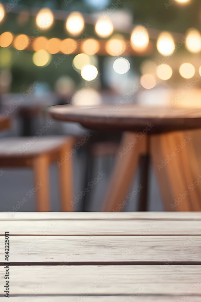Empty wooden table and bokeh lights blurred outdoor cafe background. Image created using artificial intelligence. Empty wooden table and bokeh lights blurred outdoor cafe background. Image created using artificial intelligence.