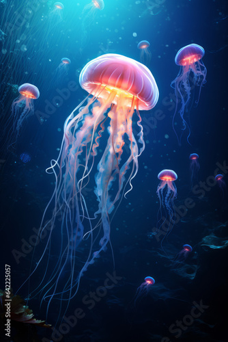 Glowing star jellyfish swimming in deep sea © Guido Amrein