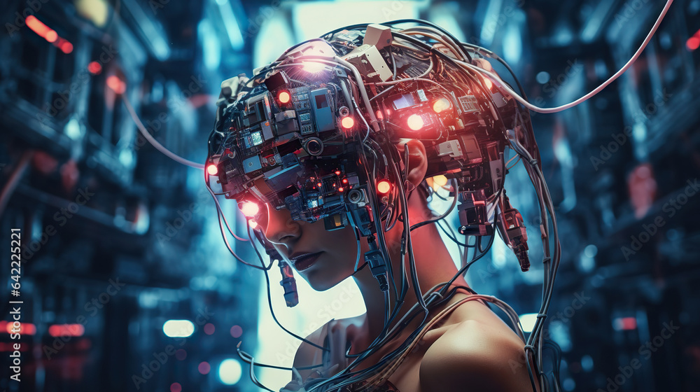 Fototapeta premium Young female humanoid head is connected to a super computer, symbolizing artificial intelligence. Futuristic illustration of the relationship between humans and neural networks. Copy space