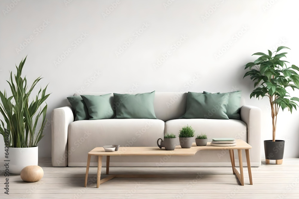Square wooden mock up with sofa and green plants on white wall in living room.