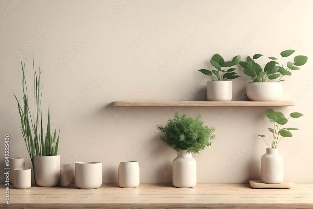 Cream color wall mock up with Vase and green plant on wooden shelf.3d rendering 