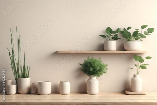 Cream color wall mock up with Vase and green plant on wooden shelf.3d rendering  © Yasin Arts
