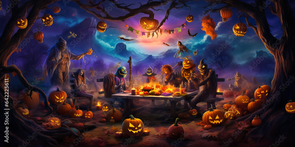 illustration of spooky which at festive table and celebrating Halloween. Halloween party