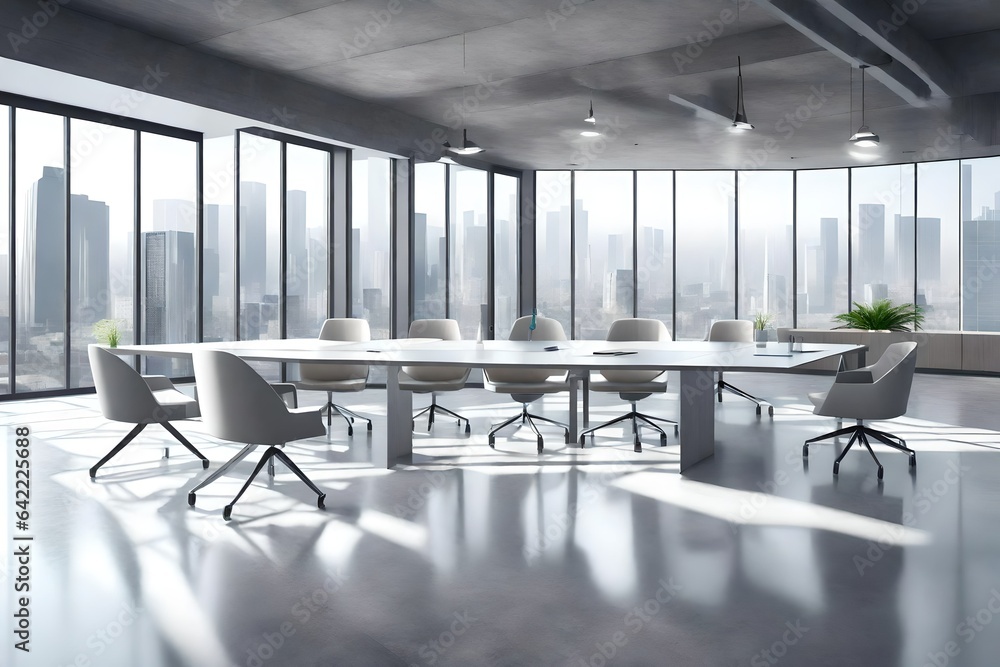 View from a glass wall in an office with a concrete floor of a conference room with light modern furniture and a city view. 