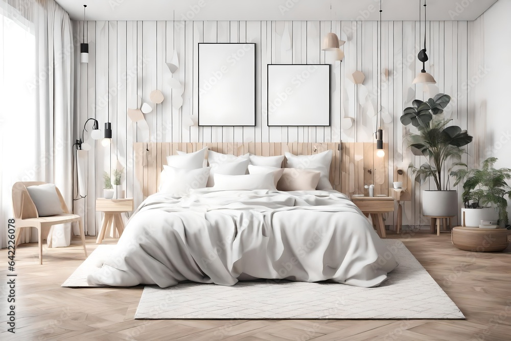 Obraz premium Interior design of a modern Scandinavian and Japanese style bedroom with a white bed. Mock up frame wall, wooden table and floor. 3D illustration of high quality 