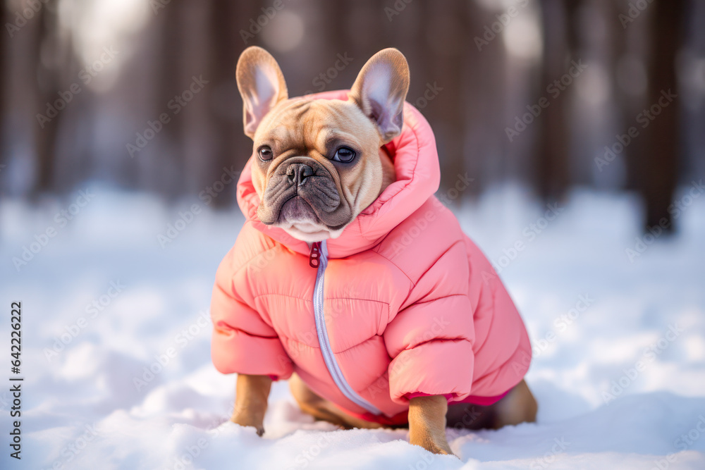 French bulldog wearing winter jacket