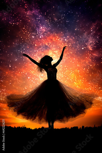 Silhouette of a ballerina dancing under the night sky