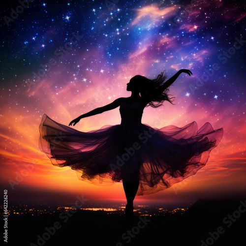 Silhouette of a ballerina dancing under the night sky