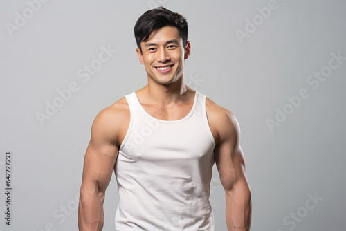 Portrait of strong athletic man fitness model showing muscle, bicep, six pack abs isolated on white background. Generative AI...