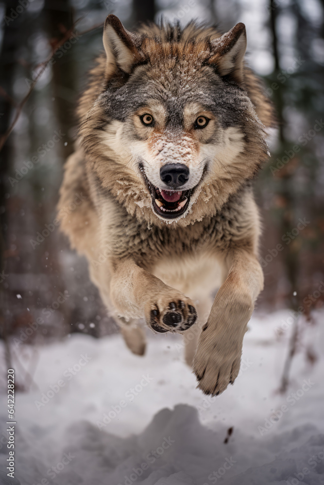 Wolf leaping forward towards camera in the snowy woods