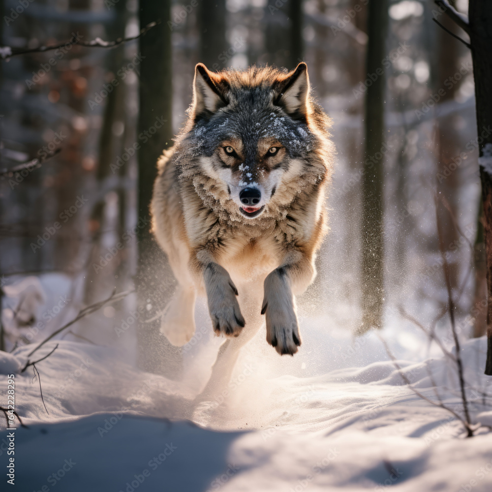 Wolf leaping forward towards camera in the snowy woods Wolf leaping forward towards camera in the snowy woods