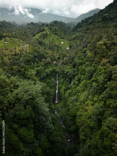 Discover Bali's Natural Wonders: Aerial View of a Tropical Island Paradise with Lush Jungles, Waterfalls, Rice Fields, and Towering Green Mountains. Your Ideal Vacation in Asia