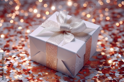 greeting card, gift box and bow on the background of Christmas lights. New Year holiday