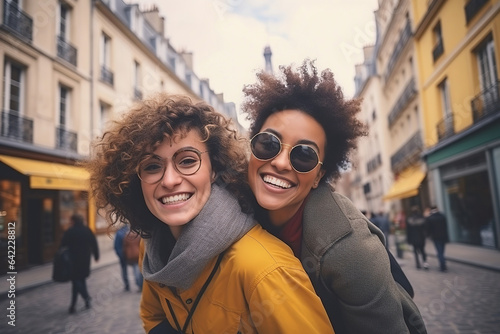 Interracial friends or lesbian couple in city on fall Europe vacation