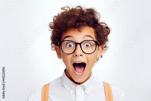 School pupil, funny boy in glasses on white background with copy space © Olga
