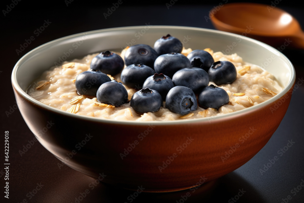 bowl of oatmeal with fresh blueberries and walnuts on a black background. healthy lifestyle and importance of good nutrition. bowl of oatmeal with fresh blueberries and walnuts on a black background. healthy lifestyle and importance of good nutrition.