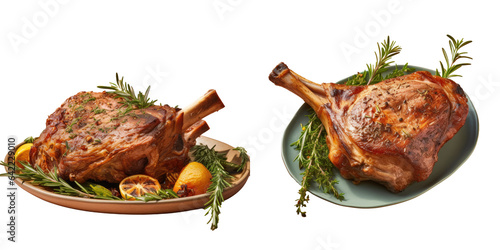 Roasted lamb leg with thyme on a transparent background photo