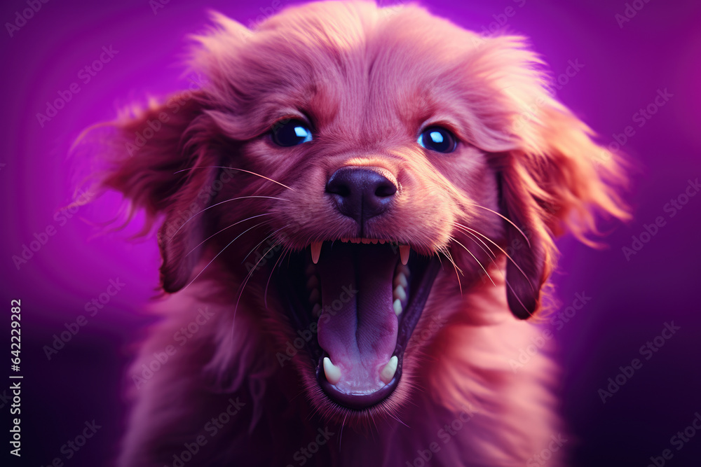 Playful moment captures a dog's toothy grin as it opens its mouth against a vibrant purple background. Ideal for pet playfulness, canine expressions, and lightheartedness-themed visuals.