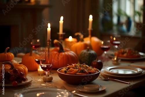 Thanksgiving table setting  elegant dinner table with pumpkins and candles generative ai.