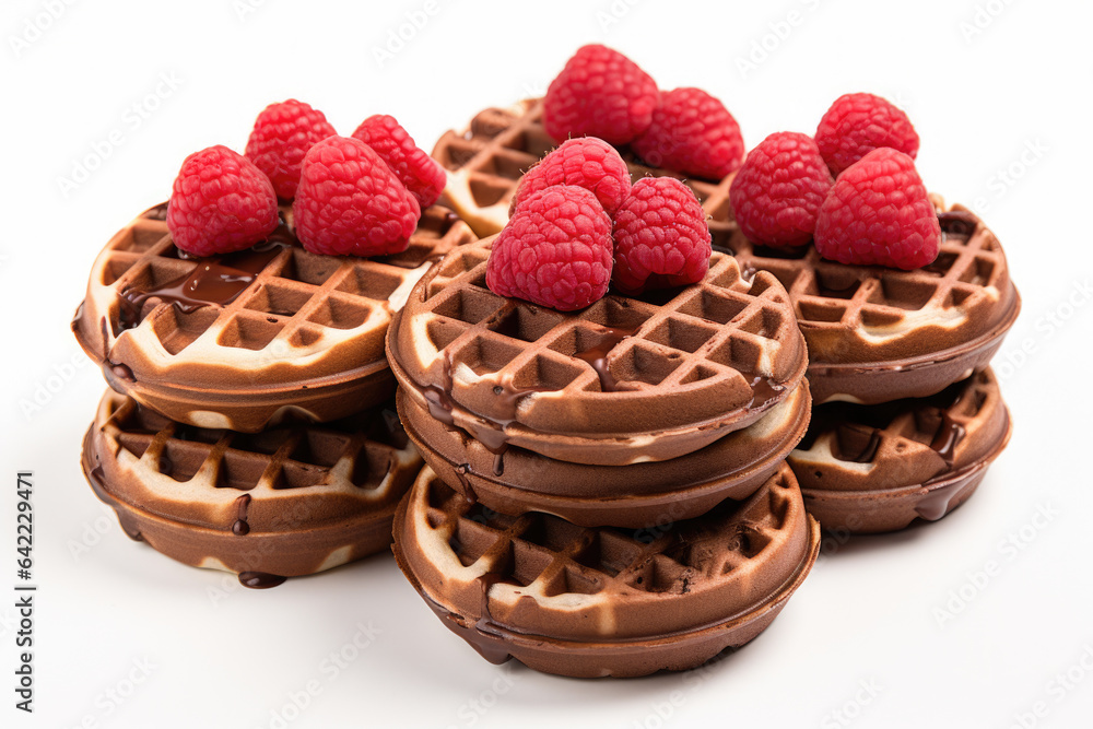 Obraz premium delicious breakfast or dessert with a stack of chocolate waffles adorned with juicy raspberries, bakery or cafe