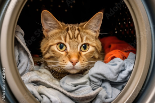 adorable cat peering out from behind door of front-loading washing machine, surrounded by pile of dirty laundry. domestic animals hiding, laundry-related, pet safety near appliances, or household tips