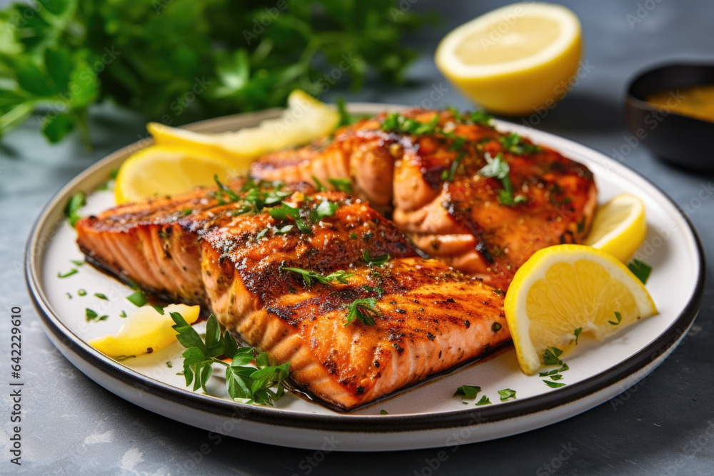 Gourmet food composition grilled and smoked striped bass on rustic wooden board, elegantly garnished with fresh lemon slice. Gourmet food composition grilled and smoked striped bass on rustic wooden board, elegantly garnished with fresh lemon slice.