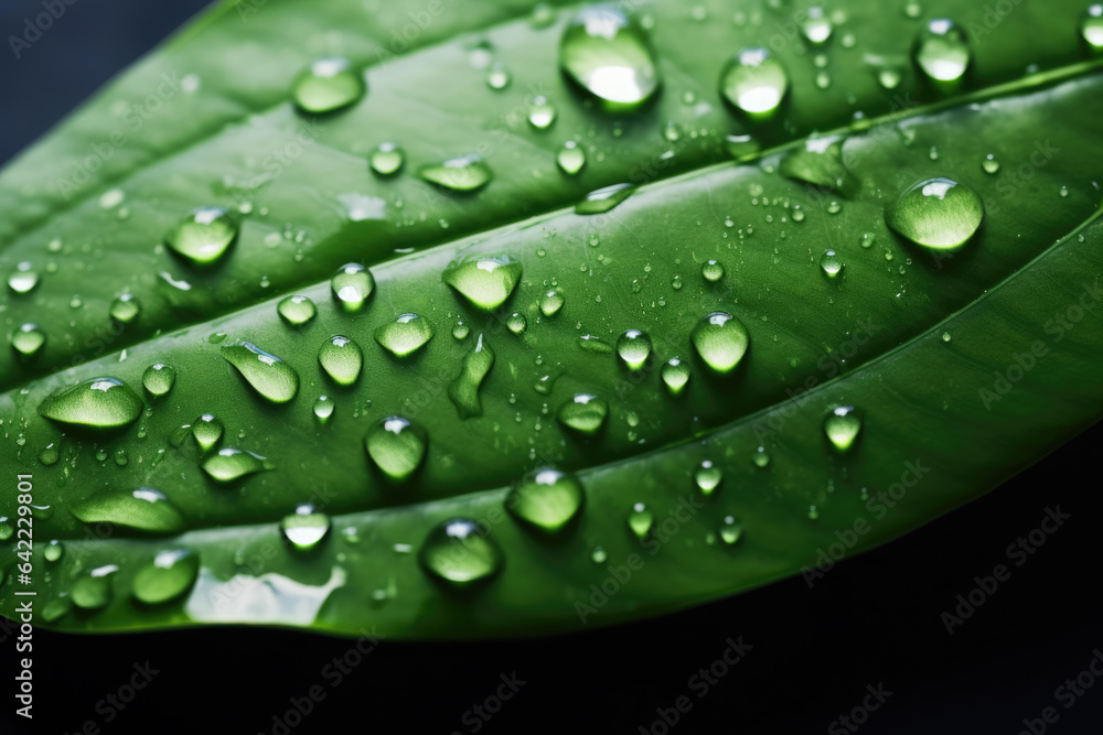 Close-up view of vibrant green leaf adorned with glistening water droplets, capturing beauty of nature's intricate details. Close-up view of vibrant green leaf adorned with glistening water droplets, capturing beauty of nature's intricate details.