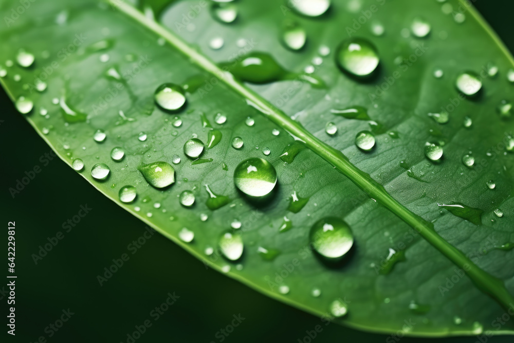 Close-up view of vibrant green leaf adorned with glistening water droplets, capturing beauty of nature's intricate details. Close-up view of vibrant green leaf adorned with glistening water droplets, capturing beauty of nature's intricate details.