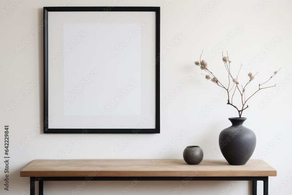 Table with vase and picture frame. Can be used as decorative element in living room or office.