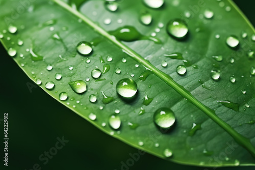 Close-up view of vibrant green leaf adorned with glistening water droplets, capturing beauty of nature's intricate details.
