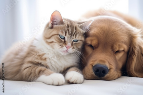 Heartwarming scene capturing cat and dog peacefully sleeping on bed  sharing affectionate hug. Perfect for showcasing bond between different animal companions.