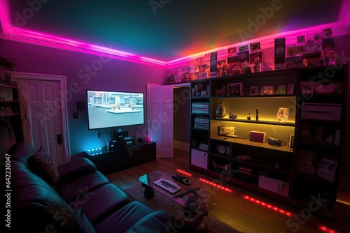 Gaming room with neon light, video games