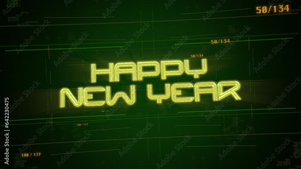 Happy New Year with cyberpunk matrix and neon HUD elements, motion abstract holidays, futuristic and cyberpunk style background Happy New Year with cyberpunk matrix and neon HUD elements, motion abstract holidays, futuristic and cyberpunk style background